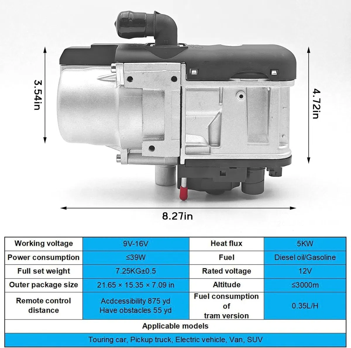 5KW 12V Hydronic Kühlmittelheizung, with Fernbedienung Flüssiger Brennstoff Heizung Diesel Warmwasserbereiter Temperaturregelung, zeitgesteuert, für Boot, Wohnwagen, Bus Wohnmobil