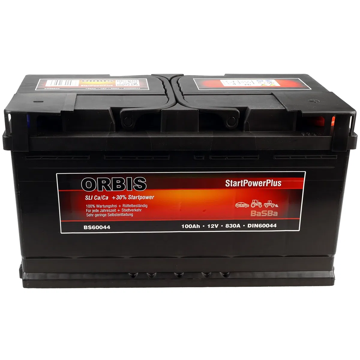 12 V 100 Ah Autobatterie Orbis BS60044 – 830 A Kaltstart, wartungsfreie Energieversorgung für Pkw & Vans, robust, geladen und betriebsbereit | BaSBa 2141