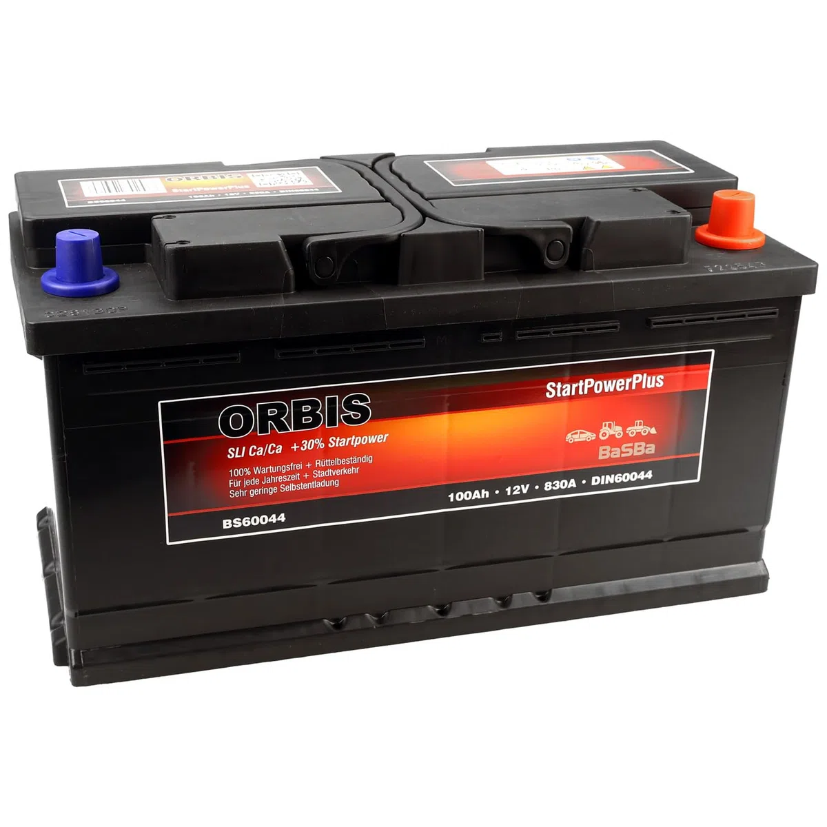 12 V 100 Ah Autobatterie Orbis BS60044 – 830 A Kaltstart, wartungsfreie Energieversorgung für Pkw & Vans, robust, geladen und betriebsbereit | BaSBa 2141