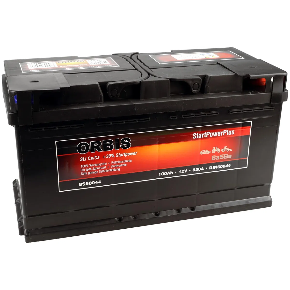 12 V 100 Ah Autobatterie Orbis BS60044 – 830 A Kaltstart, wartungsfreie Energieversorgung für Pkw & Vans, robust, geladen und betriebsbereit | BaSBa 2141